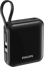 Philips DLP5713CB/00 Travel Charger and Power Bank, 10,000 mAh, Maximum 22.5 W output, Black, USB-C PD 20 W charging port, 50% charge in 30 minutes.