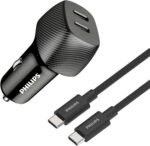 Philips DLP5522CC/00 Car Charger 2 Port USB-C Cable, 60Watts, Black, 50% Charge in 30 Minutes, Smart Protection Technology.