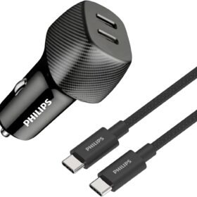 Philips DLP5522CC/00 Car Charger 2 Port USB-C Cable, 60Watts, Black, 50% Charge in 30 Minutes, Smart Protection Technology.