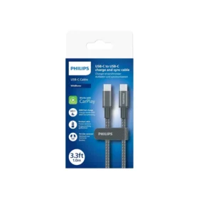 Philips DLC5030C/00 USB-C to USB-C Cable, 1 m, Max 60 W,Sync and Charge,Black braided cable,Supports USB 2.0 high-speed 480 Mbps data transfer rate.
