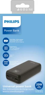 Philips DLP1922CB/00  Powe Bank 10,000 mAh capacity, Built-in cables: Lightning, USB-C, USB-A, Supports charging multiple devices simultaneously, Compact design, LED display for battery status, output capabilities of up to 22.5W.